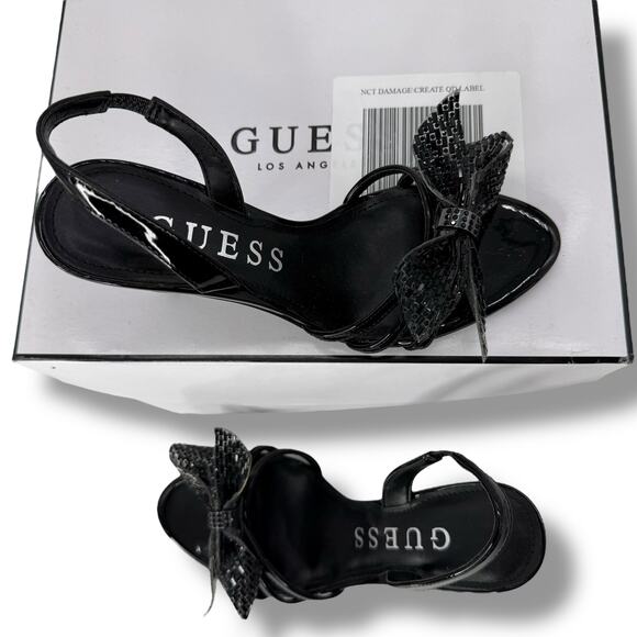 Guess Black Rhinestone Bow Heels Size 6 Embellished Slingback Pumps Low Stiletto - Picture 4 of 11